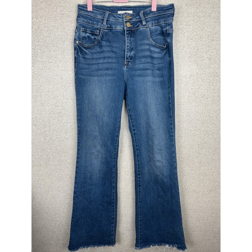 Risen Jeans Medium Wash High Rise Flare Raw Hem Denim Size 11 Waist 30